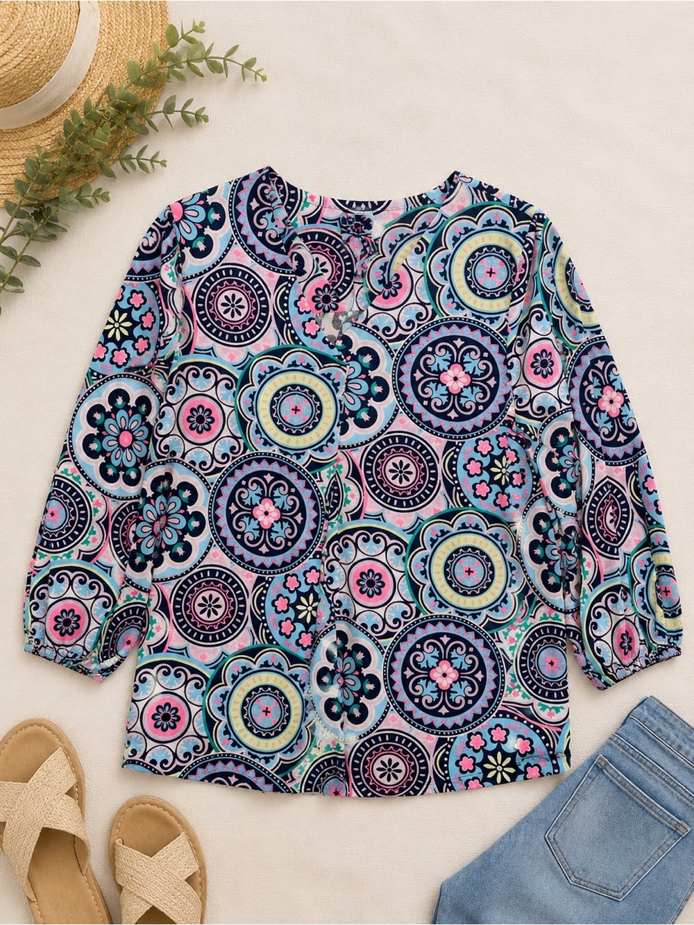 💙💗 Kim Rogers Medallion Print Top Sz Small Colorful Boho 3/4 Sleeve Blouse💗💙